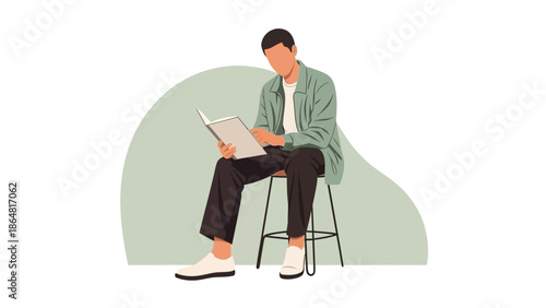 Young man sitting on a chair reading a book with a simple background for leisure and learning