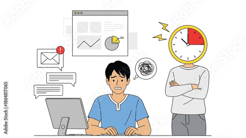 Stressed Man At Desk Working On Computer Under Time Pressure With Alarm Clock Overhead