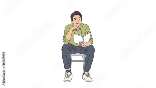 Young man sitting on a chair reading a book with a thoughtful expression on his face