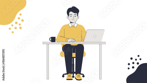 Young man working at a modern desk with a laptop in a minimalist space bright and cheerful