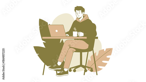 Young man working on a laptop with coffee and comfortable seating in a modern workspace