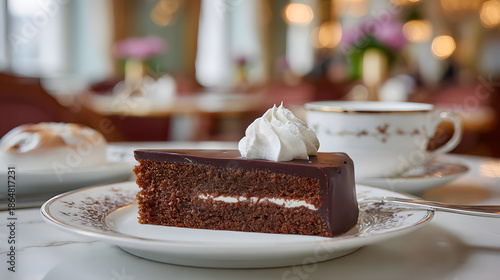 chocolate sacher cake slice with whipped cream