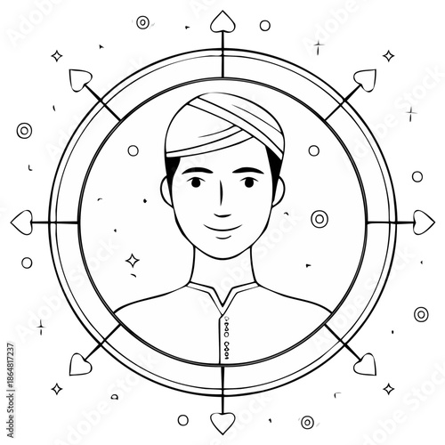 Line art of a man wearing a headdress inside a circle decorated with hearts and stars