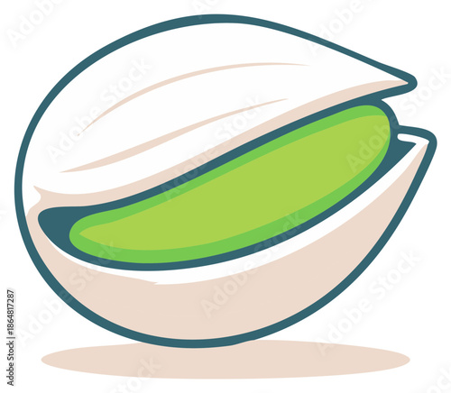 Stylized illustration of a green pistachio nut peeking out of its shell