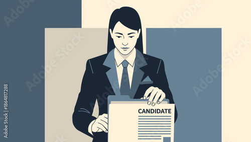 professional woman reviewing a candidate resume in a formal setting with minimal background
