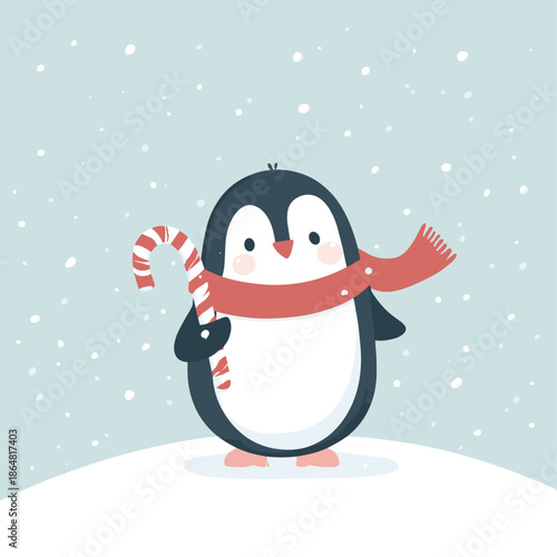 Cute Penguin with Candy Cane in Winter Wonderland