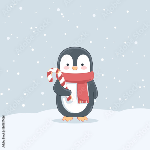 Cute Penguin with Candy Cane in Winter Wonderland