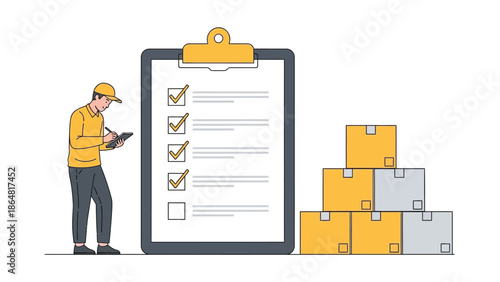 Warehouse Worker Checking a Checklist on a Clipboard With Boxes Stacked Nearby