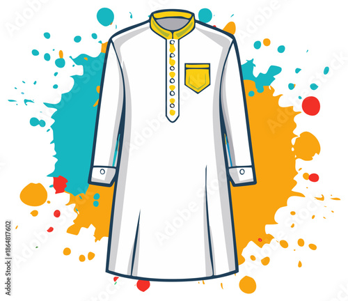 Traditional White Kurta with Yellow Accents and Colorful Splatter Background