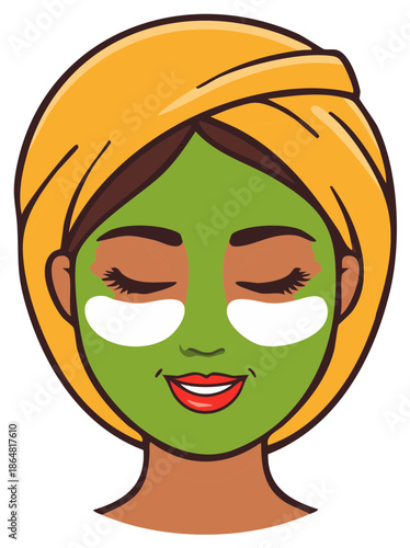 Woman With Green Face Mask And Under Eye Patches Wearing Yellow Headband Enjoying Skincare Routine