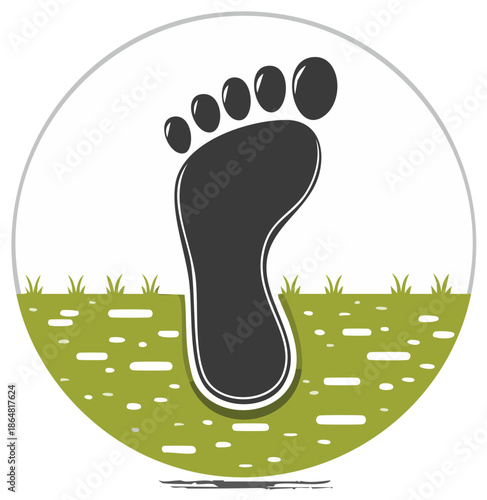 Stylized human bare foot print embedded in fresh green grassy ground vector illustration