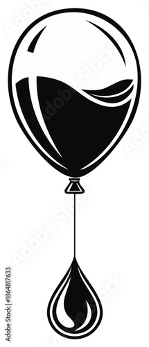 Conceptual black and white icon of a balloon filled with heavy liquid and a hanging drop