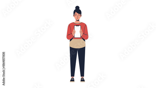 Young woman standing alone holding a tablet device in casual clothing on a plain white background