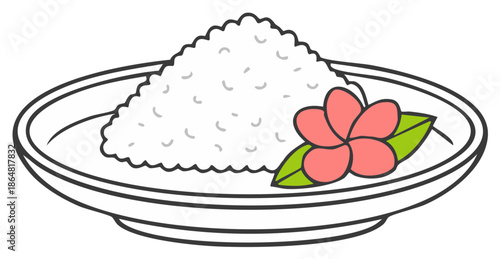 Simple illustration of white rice on a plate garnished with a pink flower and green leaf
