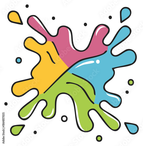 Cartoon Style Colorful Paint Splatter Graphic with Droplets and Outline
