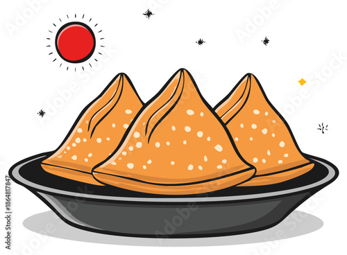 Three triangular savory pastries with a bright red sun overhead, presented on a dark plate.
