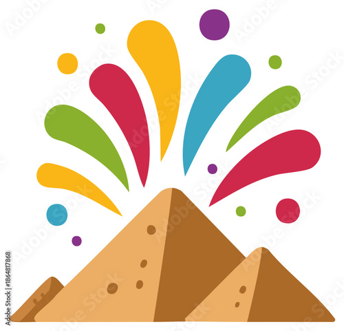 Festive celebration at the ancient pyramids with a vibrant colorful explosion