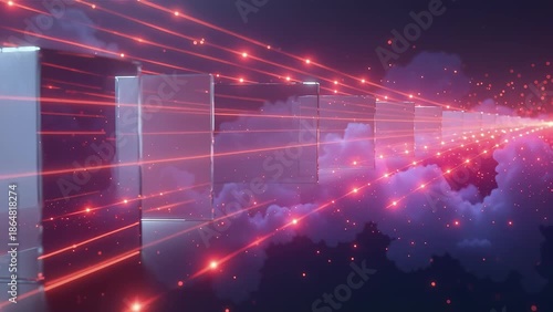 Futuristic Digital Portal with Laser Lights and Clouds
