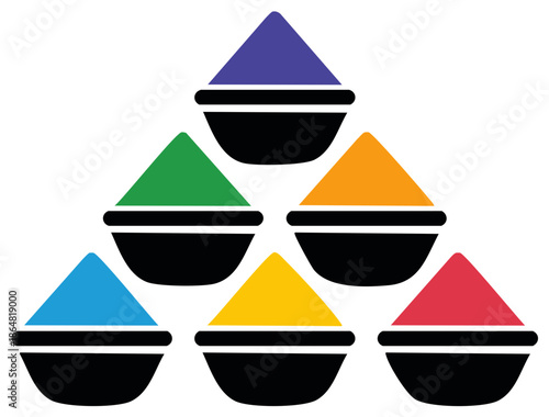 Brightly colored pigment powder in six black bowls arranged in a festive pyramid design