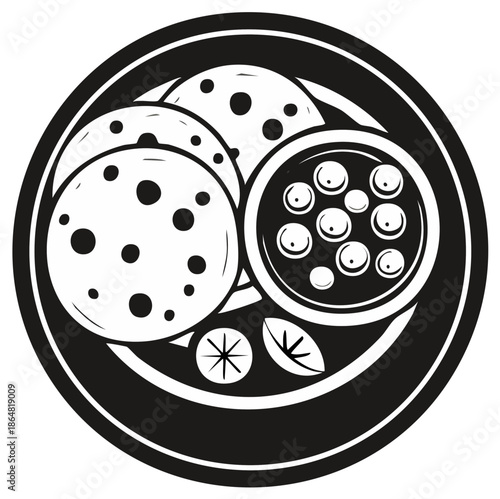 Graphic Icon Depicting Falafel Plate with Sauce and Side Salad Garnishes Black and White Design