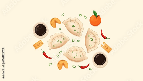 Dumplings with dipping sauce spices and herbs.