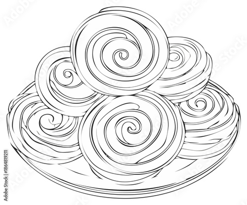 Pastries Vector Illustration: Spiral Buns Arranged on a Plate for Coloring Pages