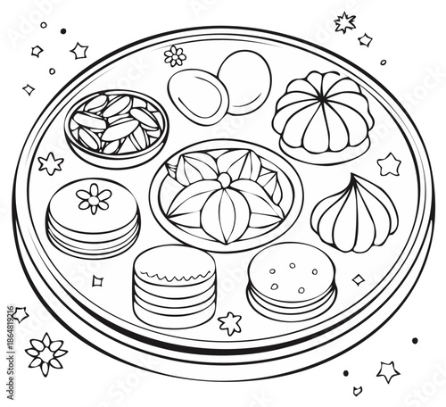 Festive platter of sweets with eggs and nut candies for coloring page