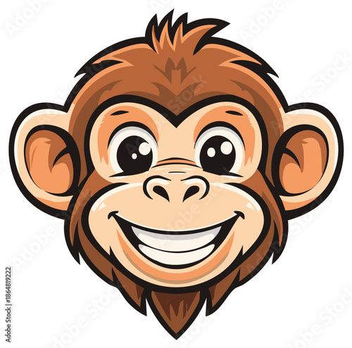 Happy Smiling Monkey Face Illustration with Big Eyes and Bright Teeth Cartoon Style Cheerful Animal Mascot Design
