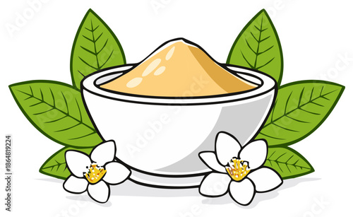 Creamy Powder in Bowl with Leaves and Flowers, Culinary Ingredient Illustration