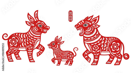 Chinese zodiac ox family red paper cut.