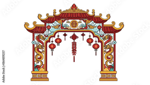 Chinese archway with red lanterns traditional gate oriental entrance.