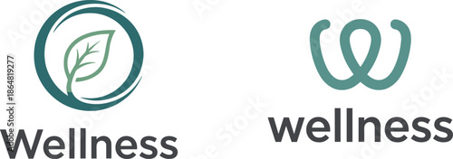 Wellness logo set featuring natural leaf emblem and modern abstract letter W symbol for health eco spa branding design