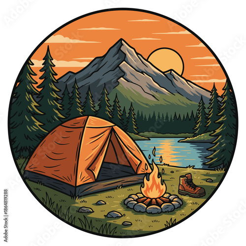 Lakeside Tent Camping and Campfire Illustration