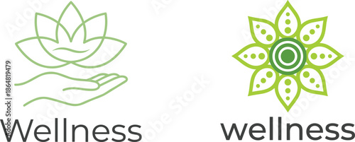 Wellness logo set with lotus flower and caring hands symbol for holistic health spa yoga mindfulness eco branding design
