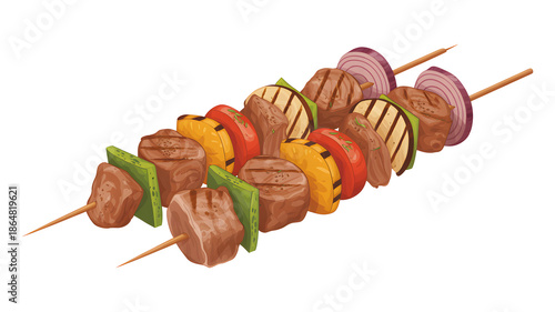 Grilled meat and veggie skewer with bell peppers, onion, and pineapple on white PNG.