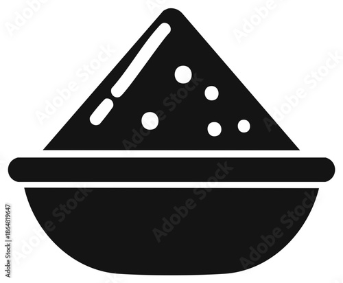 Black Powder in Bowl Icon: Heap of Dark Grains in Round Dish, Minimalist Glyph Representing Spices or Minerals