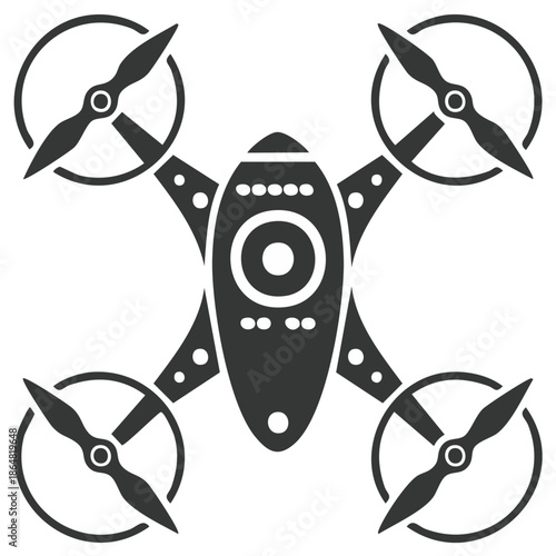 Quadcopter drone with camera icon, simple flat black and white vector illustration