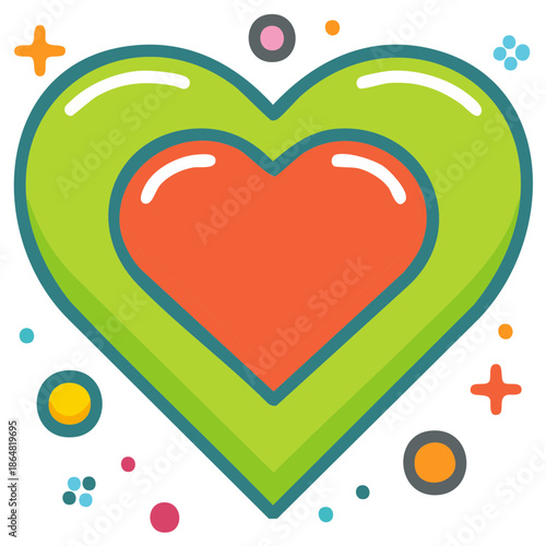 Colorful nested heart illustration with glossy highlights and playful scattered elements