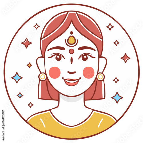 Smiling woman with bindi and earrings in round frame with stars, linear style, cultural avatar, joyful illustration, Asian features