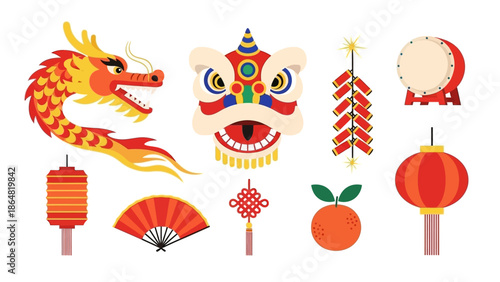Chinese New Year dragon lion lantern elements set.