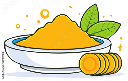 Vibrant cartoon illustration of turmeric powder in a bowl with fresh root and leaves