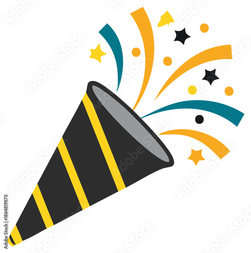 Cartoon popper with confetti and ribbons, holiday celebration and birthday party decoration symbol, festive celebration illustration