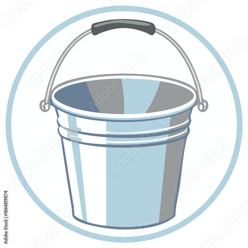 Simple Metallic Bucket Icon with Blue Outline and Grey Handle