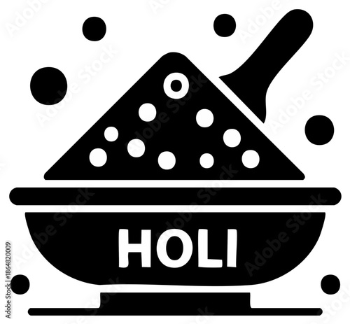 Holi Festival Powder Bowl and Scoop Black Icon, Traditional Celebration of Colors, Indian Culture Iconography