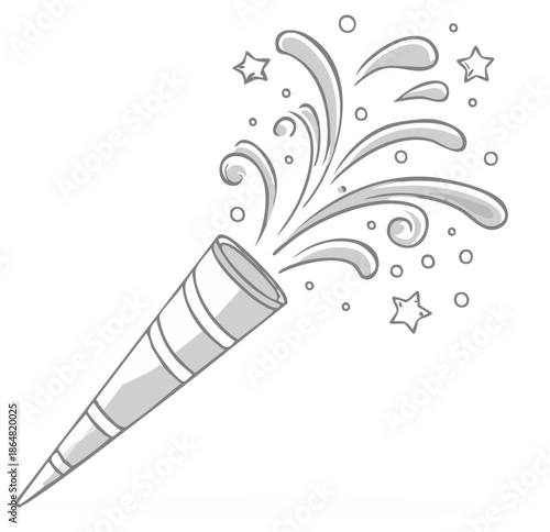 Doodle sketch of a festive party popper exploding with confetti and stars celebrating joy