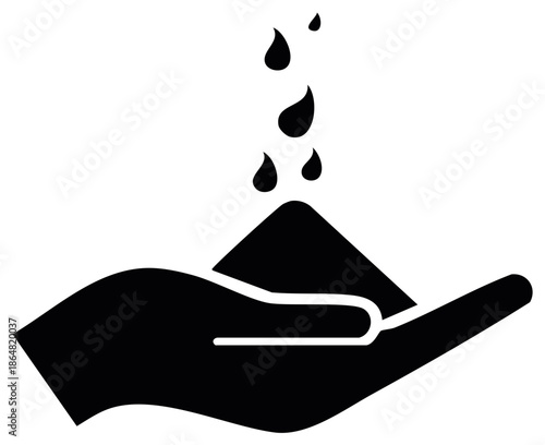 Human hand holding a mound of earth with falling water drops, symbolizing growth, agriculture, and natural resource care