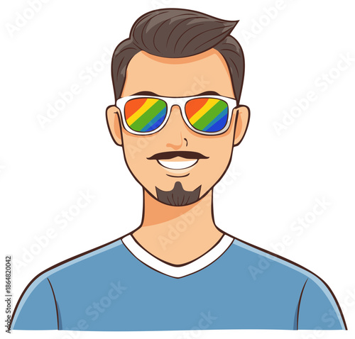 Cartoon Man with Rainbow Sunglasses Smiling Happily Portrait Friendly Confident