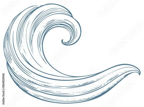 Engraved illustration of a wave in retro style with a swirling design