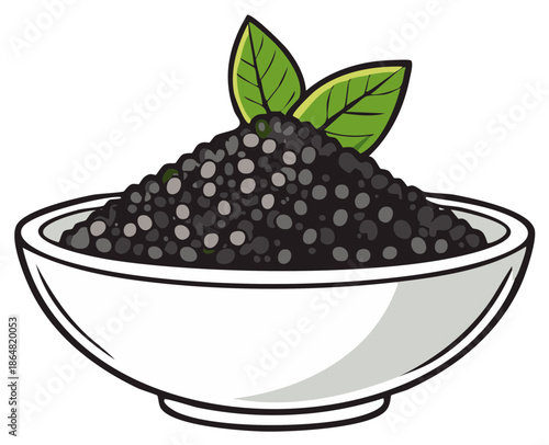Black Caviar in White Bowl with Green Leaf Garnish Still Life Illustration