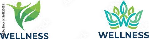 Wellness logo design, human leaf symbol, green nature health branding, holistic lifestyle balance harmony, yoga fitness spa concept identity